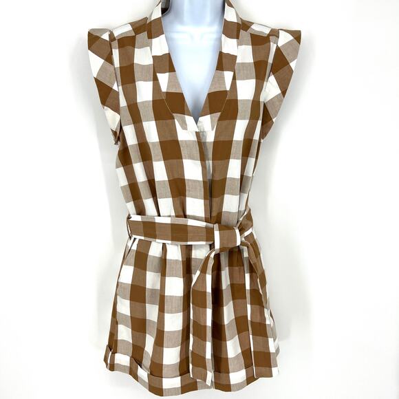 Anthropologie Whit Two 100% Cotton Buffalo Plaid Brown Romper Belted Size S - Picture 2 of 12
